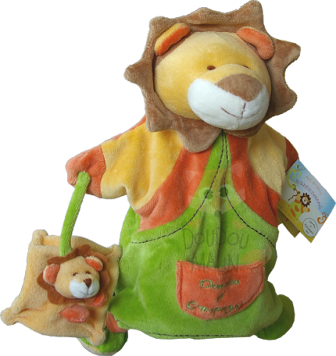  marionnette lion et bébé jaune orange vert 
